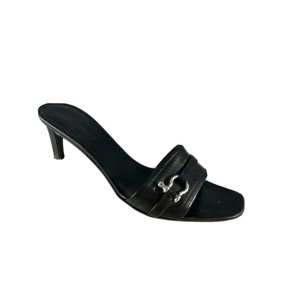 Burberry Black Leather Heels with Silver Buckle Detail Slip on Sandals EU 37.5 - Picture 1 of 8